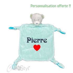 Doudou plat personnalisé - Ourson bleu