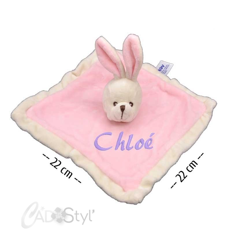 Doudou lapin rose tendre brodé au prénom