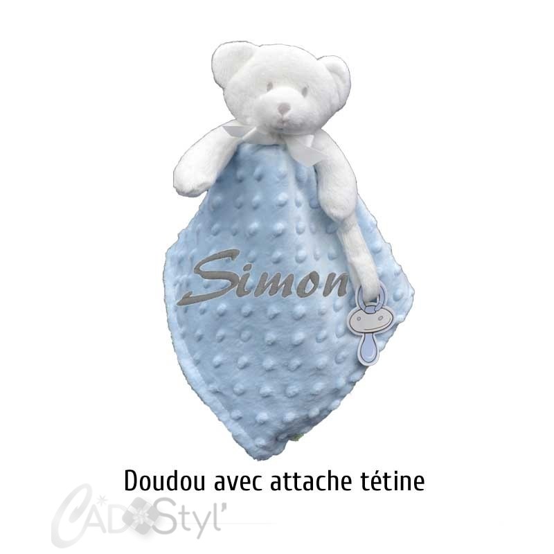 Doudou attache tétine en coton BIO personnalisé - Ourson gris