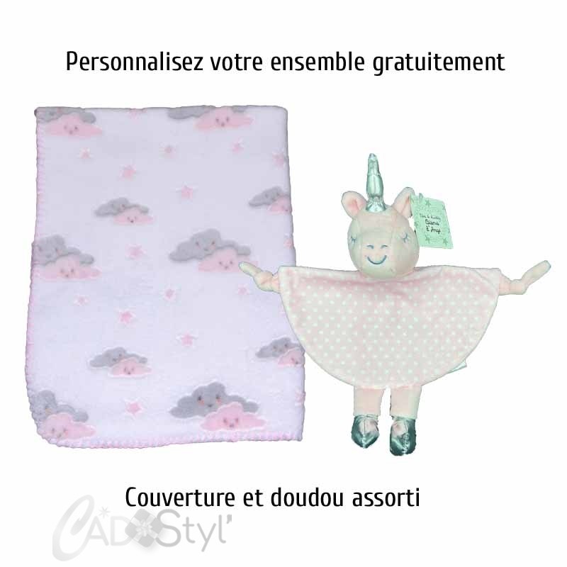 Doudou et couverture assortie personnalisée.